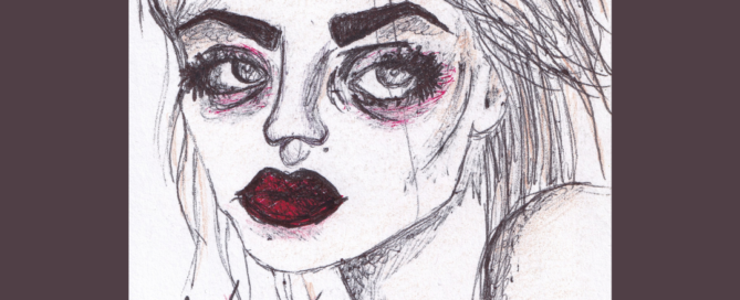 A pen & ink drawing of a girl with huge lips and dark eyes who asks, "Am I Dead Yet?"